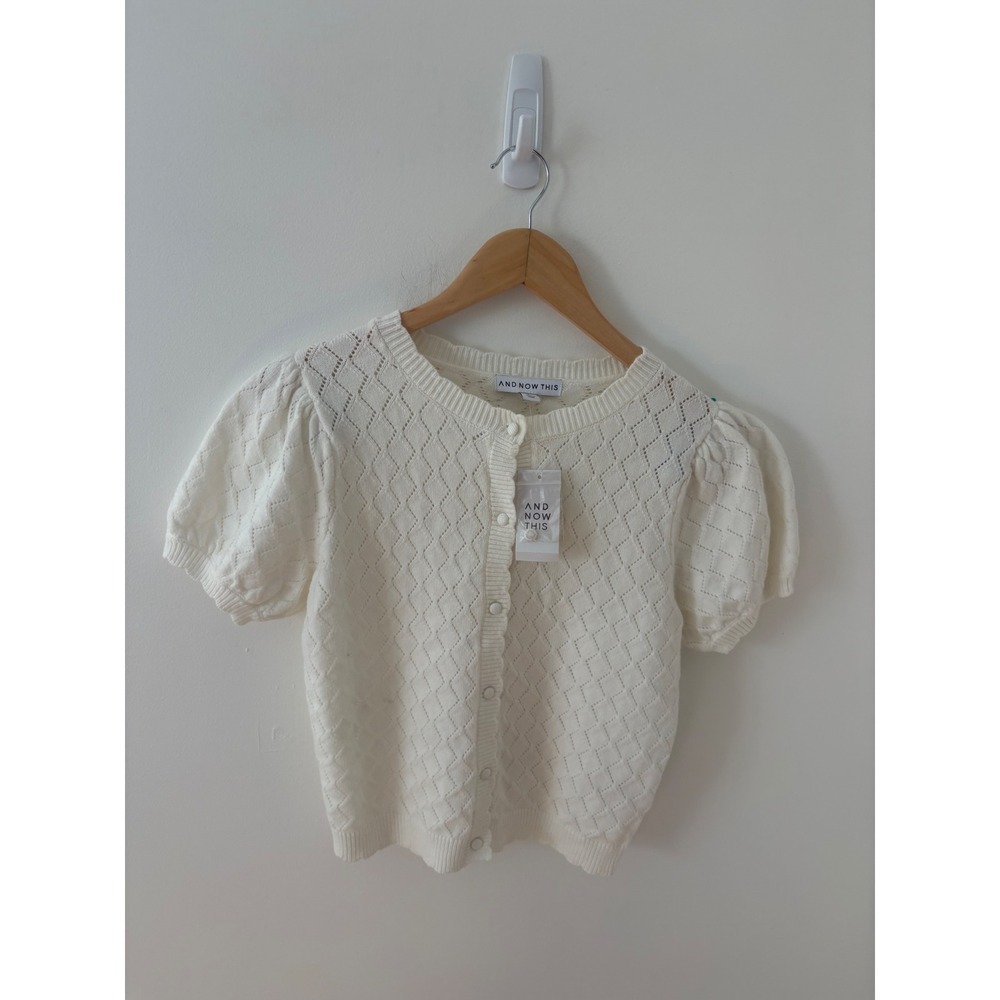And Now This White Pointelle Knit Short Puff Sleeve Button Front Cardigan Small